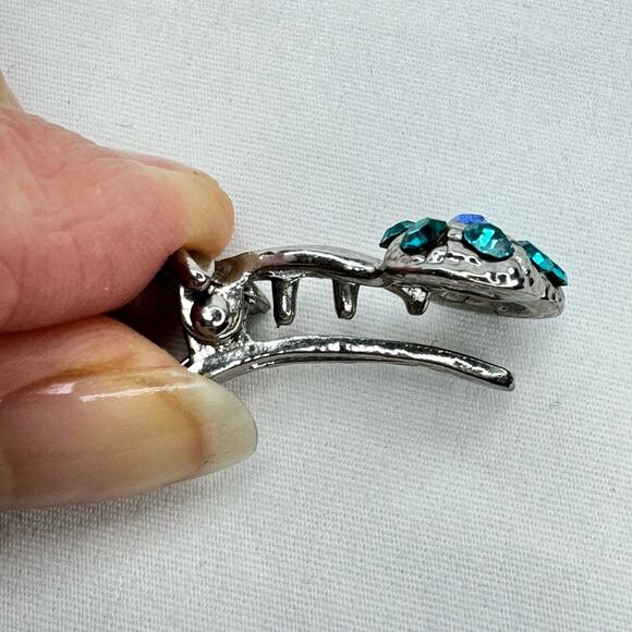 Vintage Silver Tone and Blue Rhinestone Crystal Cherries Hairclip Clip Barrette - Picture 5 of 6